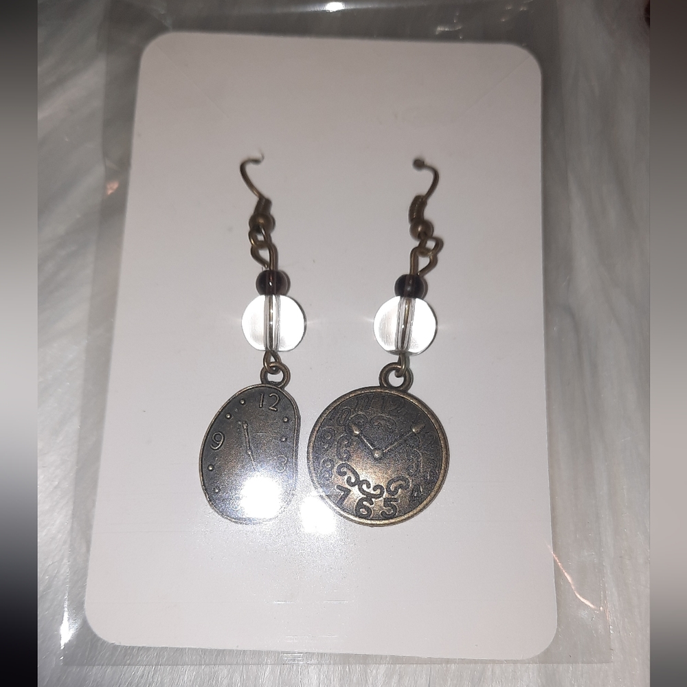 3/25$ NEW Upcycled bead and steampunk art clock earrings pierced goth punk